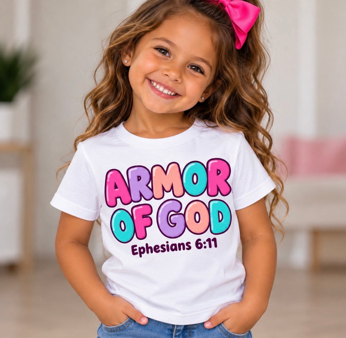 A young girl with long wavy brown hair and a pink bow smiling while wearing a white graphic t-shirt that reads 'ARMOR OF GOD Ephesians 6:11' in colorful bubble letters, set against a softly blurred indoor background.